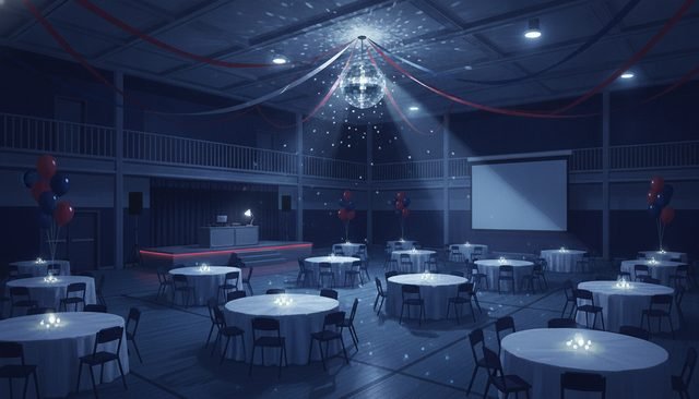 The old gym dressed for the reunion: mirror ball, slideshow screen and round tables